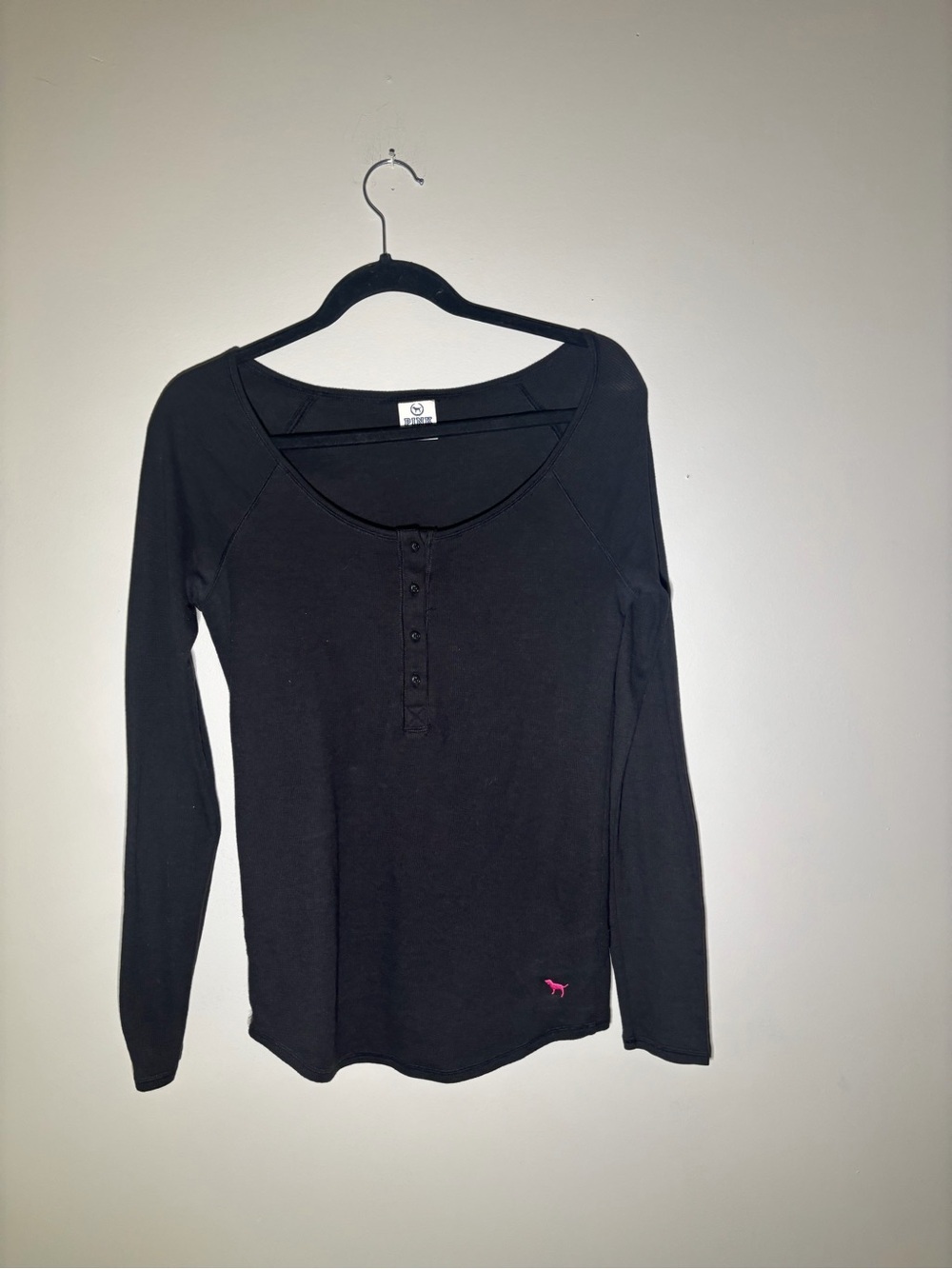 PINK Victoria's Secret Black Long-Sleeve Henley with Pink Logo